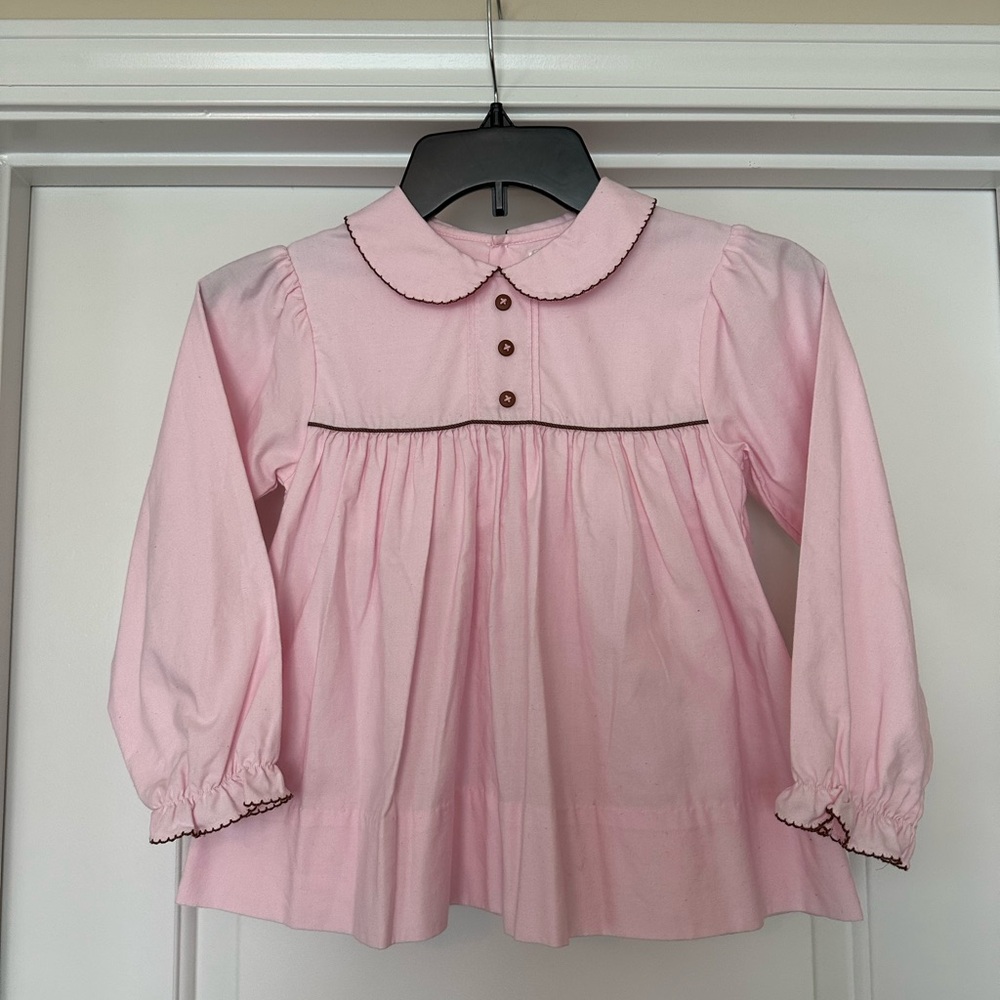 Petit Ami 6X Pink Long Sleeve Top with Button Accents & Brown Trim